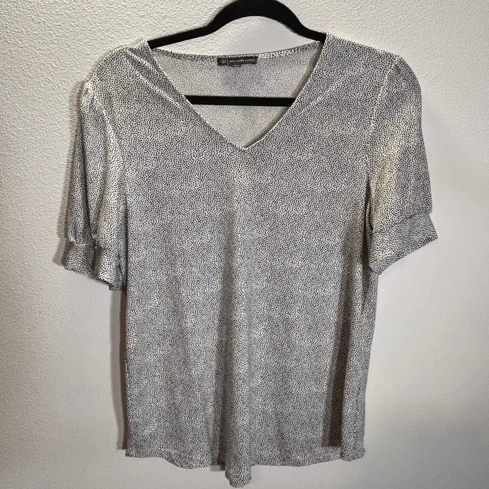 Adrianna Papell Blouse Medium White Black Dot V Neck Puff Sleeve Top